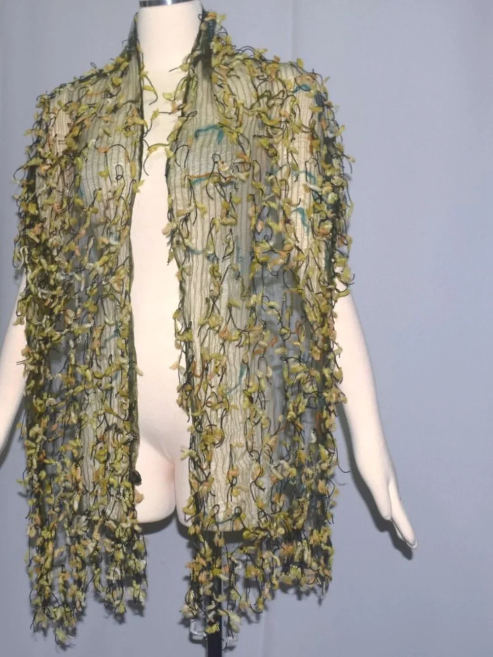 Vintage Fleurs Fiber Wearable Art Rectangle Sheer Web Scarf Fringe Pieces Silk